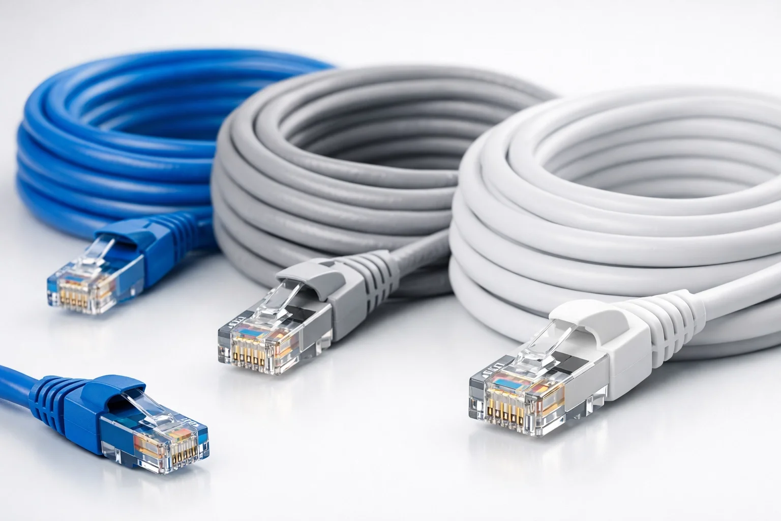 Cat5e, Cat6, and Cat6A Ethernet cables product shot