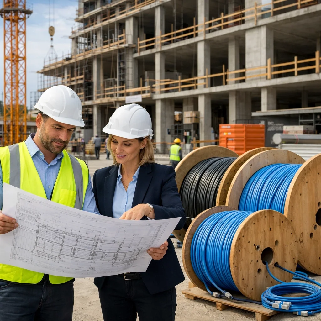 Construction site with structured cabling installation